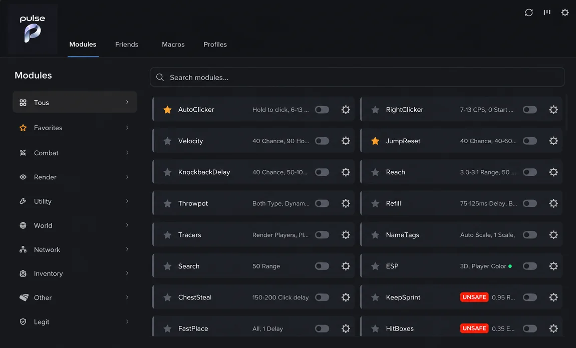Interface de Pulse : onglets Modules, Friends, Macros et Profiles, recherche, catégories et liste de modules avec leurs réglages.